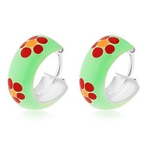 Okrúhle náušnice, striebro 925, zelený podklad s červenými kvietkami, 11 mm