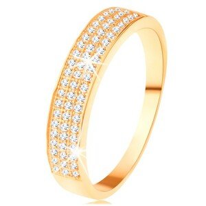 Zlatý prsteň 585 - širší pás vykladaný tromi líniami čírych zirkónikov - Veľkosť: 51 mm