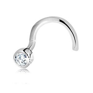 Zahnutý piercing do nosa z bieleho 14K zlata - okrúhly číry zirkón v objímke