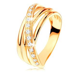 Prsteň zo žltého 14K zlata - tri hladké pásy, šikmá zirkónová línia - Veľkosť: 57 mm