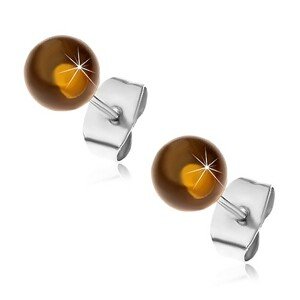Puzetové oceľové náušnice, polopriehľadné žltohnedé guličky, 6 mm