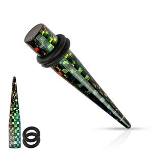 Čierny akrylový taper do ucha, štvorčeky v dúhových farbách, rôzne veľkosti - Hrúbka: 8 mm