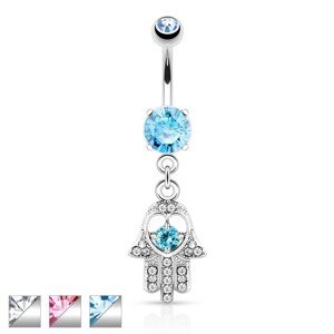Piercing do pupka z chirurgickej ocele, ruka Hamsa s výrezom srdca a zirkónmi - Farba zirkónu: Aqua modrá - Q