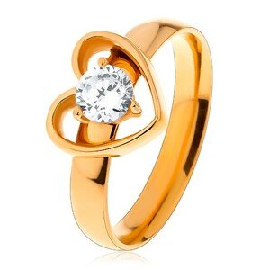 Prsteň z chirurgickej ocele zlatej farby, kontúra srdiečka s čírym zirkónom - Veľkosť: 59 mm