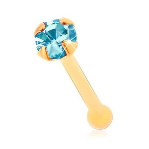 Piercing do nosa v žltom 14K zlate - okrúhly zirkónik modrej farby, 1,5 mm