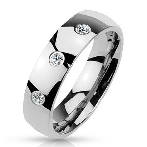 Obrúčka striebornej farby z ocele 316L, lesklý hladký povrch, tri zirkóny, 4 mm - Veľkosť: 57 mm