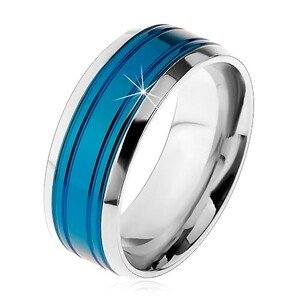 Obrúčka z chirurgickej ocele, modrý pás, lemy striebornej farby, zárezy, 8 mm - Veľkosť: 57 mm