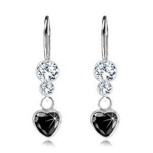 Strieborné 925 náušnice, čierne zirkónové srdiečko, číre krištále Swarovski