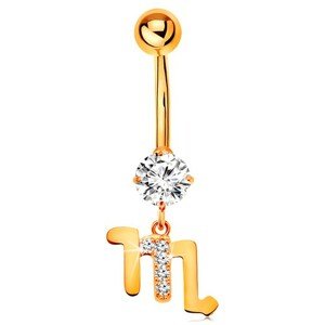 Piercing do pupka zo žltého zlata 375 - číry zirkón, symbol zverokruhu - ŠKORPIÓN
