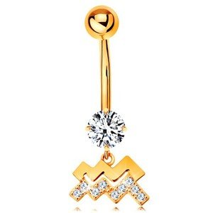 Piercing do pupku v žltom 14K zlate - číry zirkón, symbol znamenia VODNÁR