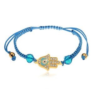 Nastaviteľný náramok na ruku z modrých šnúrok, symbol Hamsa, číre zirkóny