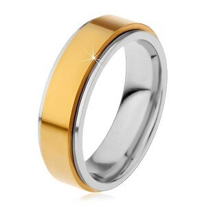 Prsteň z chirurgickej ocele, vyvýšený otáčavý pás zlatej farby, úzke okraje - Veľkosť: 57 mm
