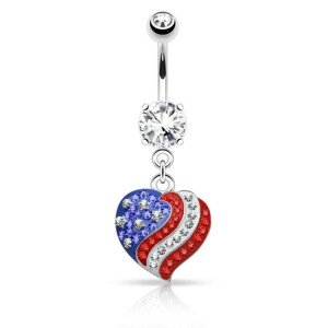 Piercing do pupku z ocele 316L, zirkónové srdce s motívom americkej vlajky