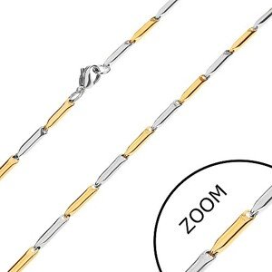 Oceľová retiazka, podlhovasté valčeky zlatej a striebornej farby, 3 mm