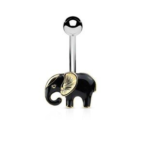 Piercing do pupku z chirurgickej ocele, sloník v čierno-zlatej farebnej kombinácii