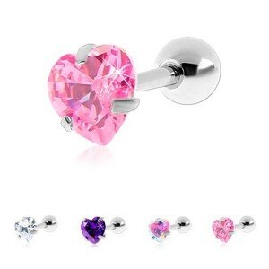 Piercing do tragusu z chirurgickej ocele, zirkónové srdiečko - Hlavička: 6 mm, Farba zirkónu: Číra - C