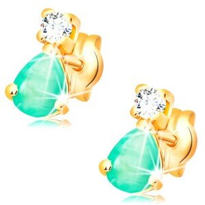 Náušnice zo žltého 14K zlata - slzičkový zelený smaragd, okrúhly číry diamant