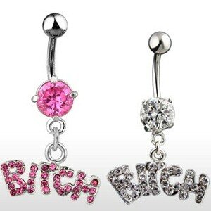 Piercing do pupku zirkónový - nápis BITCH - Farba zirkónu: Ružová - P