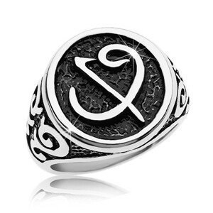 Prsteň z chirurgickej ocele - čierna pečať so symbolom, ornamenty na ramenách - Veľkosť: 66 mm
