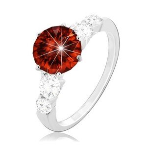 Strieborný prsteň 925, okrúhly červený zirkón a číre zirkóny na ramenách - Veľkosť: 64 mm