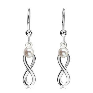 Strieborné 925 náušnice, lesklý symbol INFINITY s bielou perličkou