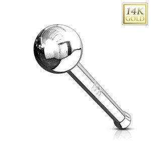 Rovný zlatý 14K piercing do nosa - lesklá hladká gulička, biele zlato - Hrúbka piercingu: 1 mm