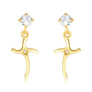 Briliantové náušnice zo žltého 14K zlata - zvlnený kríž zdobený diamantmi