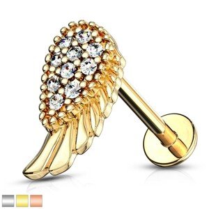 Piercing do brady a pery, z ocele 316L - anjelské krídlo a slzička so zirkónmi - Dĺžka piercingu: 6 mm, Farba piercing: Medená