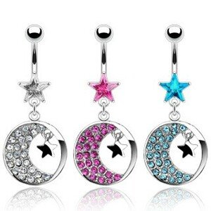 Piercing do pupku polmesiac so zirkónmi - Farba zirkónu: Aqua modrá - Q