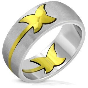 Obrúčka z chirurgickej ocele - matný povrch, lesklá línia zlatej farby a dva motýle, 8 mm - Veľkosť: 53 mm