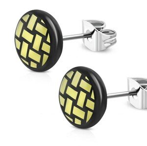 Náušnice z chirurgickej ocele - čierny krúžok, vypletaný motív žltej farby, 7 mm