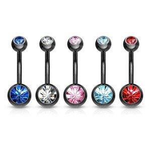 Piercing do bruška z ocele 316L - banán čiernej farby, farebné zirkóny, dĺžka 10 mm - Farba zirkónu: Číra - C