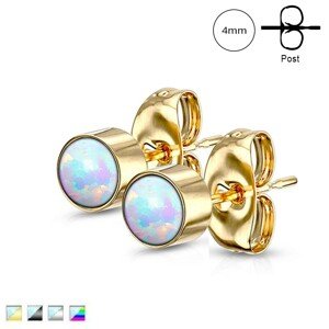 Náušnice z ocele 316L - syntetický opál dúhovej farby v objímke, puzetové zapínanie, 4 mm - Farba: Dúhová