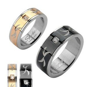 Oceľový prsteň - gravírovaná obrúčka so zirkónom - Veľkosť: 54 mm