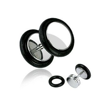 Fake plug z chirurgickej ocele - lesklý okrúhly tvar, čierne gumičky, 8 mm - Hrúbka piercingu: 1 mm