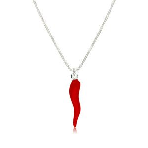 Strieborný 925 náhrdelník - chilli paprička s červenou glazúrou, lesklá hranatá retiazka