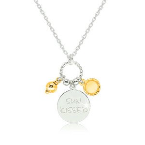Lesklý strieborný 925 náhrdelník - známka s nápisom "SUN KISSED", slniečko a guľôčka v zlatej farbe