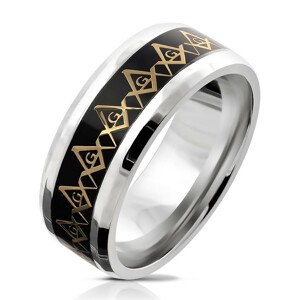 Oceľová obrúčka - symbol Slobodomurárov v zlatej farbe, priesvitná glazúra, 8 mm - Veľkosť: 59 mm