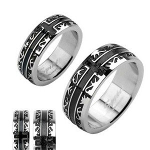 Prsteň z chirurgickej ocele - čierny rytý ornament, kríž - Veľkosť: 51 mm