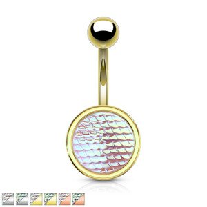 Oceľový piercing do bruška - ligotavý kameň s dračím vzorom - Farba zirkónu: Aqua modrá - Q, Farba piercing: Strieborná