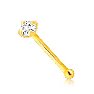 Zlatý piercing do nosa zo 14K zlata - rovný tvar, číry zirkónik okrúhleho tvaru, 1,5 mm