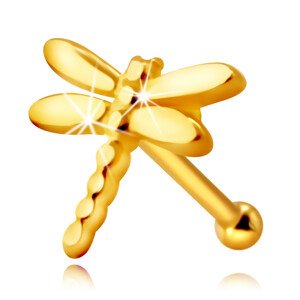 Zlatý 585 piercing do nosa - vážka s lesklými dlhými krídelkami