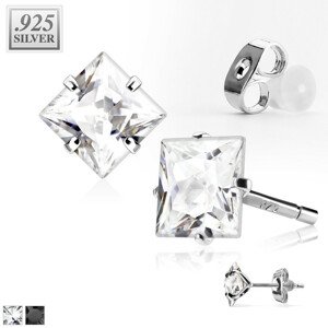 Puzetkové náušnice z 925 striebra - lesklý zirkón v tvare štvorca, vsadený medzi štyri kolíčky - Rozmer: 8 x 8 mm, Farba: Číra