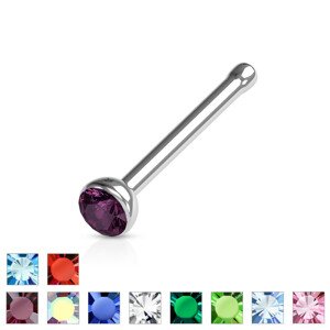 Rovný piercing do nosa z 316L ocele - farebný krištáľ v objímke, 1 mm - Farba zirkónu: Modrá - B