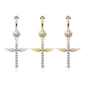 Oceľový 316L piercing do bruška, ródiovaný - okrídlený kríž, okrúhle číre zirkóny, 1,6 mm - Farba: Zlatá