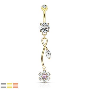 Piercing z 316L ocele do bruška, ródiovaný - zirkóny, nekonečno, slzička, kvietok, 1,6 mm  - Farba: Zlatá