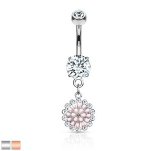 Piercing do pupku z 316L ocele, ródiovaný - veľký okrúhly zirkón, prívesok kvet - Farba: Strieborná