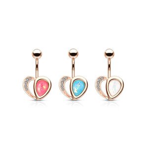 Piercing z 316L ocele do pupku v medenej farbe - srdce, opálové odlesky, kryštáliky, 1,6 mm - Farba: Aqua modrá