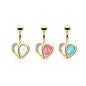 Piercing z 316L ocele do bruška v zlatej farbe - srdce, opálové odlesky, kryštáliky, 1,6 mm - Farba: Aqua modrá