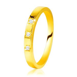 Diamantový prsteň zo žltého 585 zlata - lesklé ramená, tri ligotavé brilianty  - Veľkosť: 56 mm